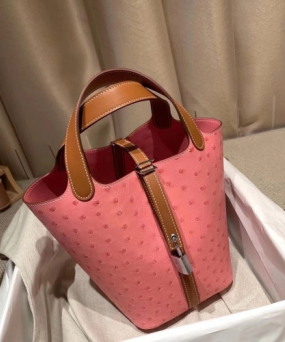 에르메스 피코탄 락18 핑크 골드브라운 은장 타조가죽